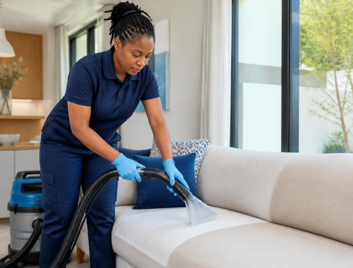 Technician deep cleaning a sofa
